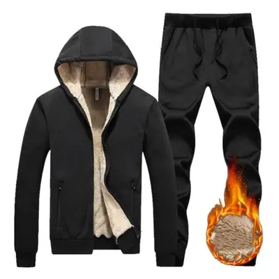 (black, M) Tracksuit Men Winter Thick Casual Hoodies Sportswear Sets Warm Sweatshirts Fleece Pcs