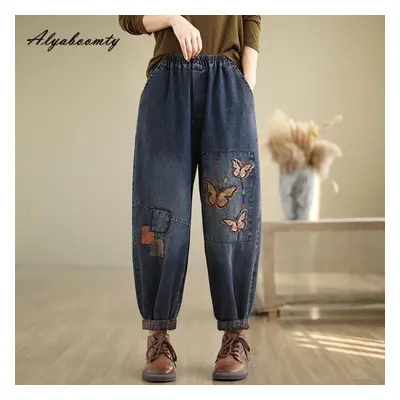 (as the picture, XXL) Korean Fashion Autumn Winter Women Harem Jeans Elastic Waist Embroidery Bu