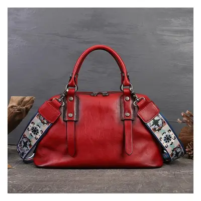 (red) Johnature Large Capacity Genuine Leather Casual Tote Vintage Women Bag Soft Real Cowhide B