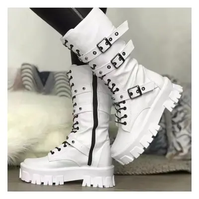 (white, 41) Autumn Winter The New Trendy Black White Gothic Platform Buckles Chains Punk Rivets 