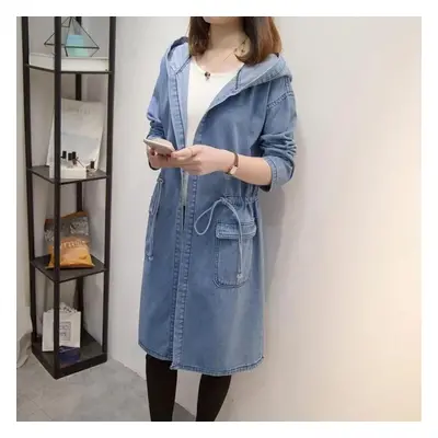 (XL) All-match Mid-length Denim Jacket Hooded Trench Coat Spring And Autumn Plus Size Women&apos