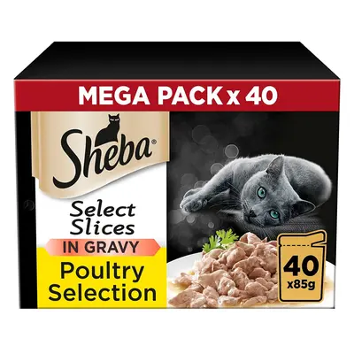 Sheba Select Slices Poultry Collection in Gravy Pouches, Adult Wet Cat Food, Megapack (40 x g)