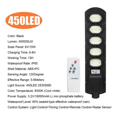 (450LED) 90/180/270/360/450LED Solar Street Light IP65 PIR Motion Sensor Wall Lamp+Timing Functi