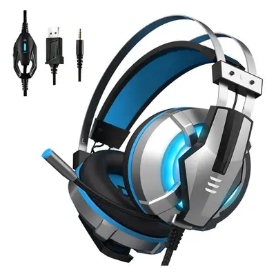 (Blue) Wired Gaming Headphone Over Ear Gaming Headset Blue Yellow Soft Earpads Headphones With R