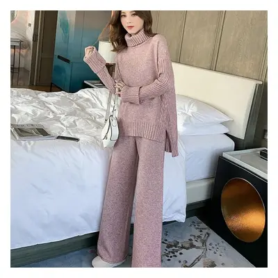 (pink, XL) Sweater Set Warm Suit For Women Winter Knitted Suits Piece Set Solid Turtleneck Sweat