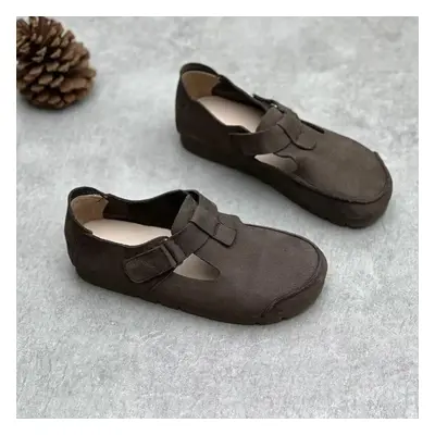 (gray, 37) Johnature Genuine Leather Retro Handmade Round Toe Flat Shoes Casual Solid Color Vers