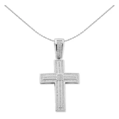 Jewelco London Unisex Rhodium Plated Sterling Silver CZ Tiered Micro Pave Art Deco Cross Pendant