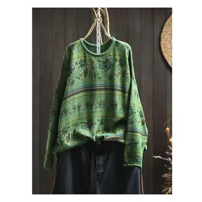 (One Size, green) Johnature Woman Autumn Niche Vintage O-neck Casual Loose Retro Sweater Chinese