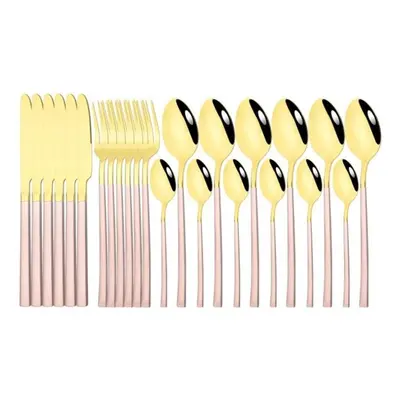 (pink,gold) 24pcs Black Gold Cutlery Set Stainless Steel Dinnerware Knives Fork Spoon Dinner Tab