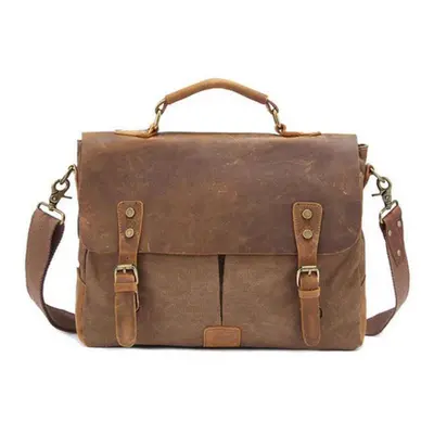 (brown) Luxury Briefcase Shoulder Crossbody Military Canvas + Genuine Leather Messenger Patchwor