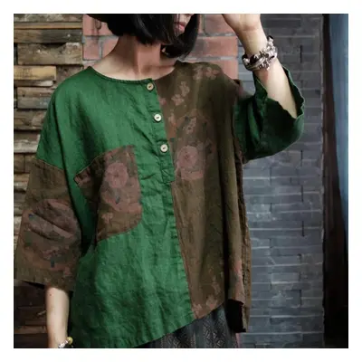 (green, One Size) Johnature Women Vintage Patchwork Color Shirts Spring Button Loose Tops Linen 