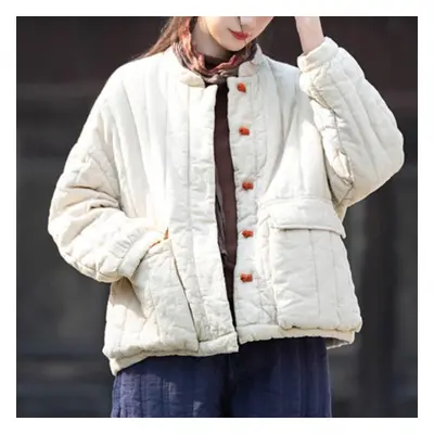 (beige, One Size) Johnature Women Vintage Linen Parkas Stand Long Sleeve Button Plus Cotton Warm