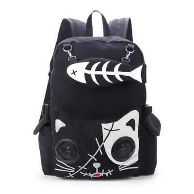 (black) Womens Speaker Bags Cat Animal Rucksack Backpack Gothic Plug Play Fish Bone Girls Gift B