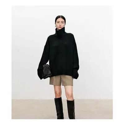 (black, L) Turtleneck Pure Cashmere Sweater Female Loose And Thick Languid Lazy Wind Pullover Sw