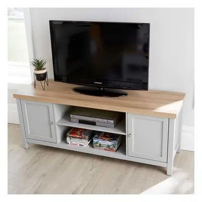 Grey Oak TV Stand Two Tone Door Cabinet Television Unit Open Shelf Cable Tidy