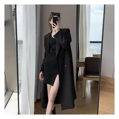 (black, M) Spring Autumn Fashion Trench Coat For Women Double Breasted Long Black Windbreaker Su