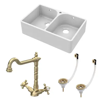 Fireclay Kitchen Bundle - Double Bowl Full Weir Tap Hole Butler Sink, Wastes & Classic Tap, 795m