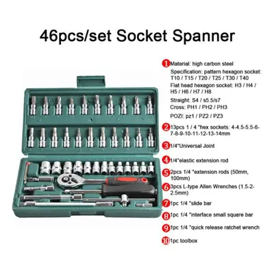 (green) 46pcs Socket Ratchet Car Repair Tool Wrench Set Head Ratchet Pawl Socket Spanner Screwdr