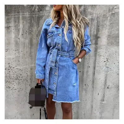 (blue, XXL) Spring Denim Lapel Long Sleeved Single Breasted Slim Fit Dress