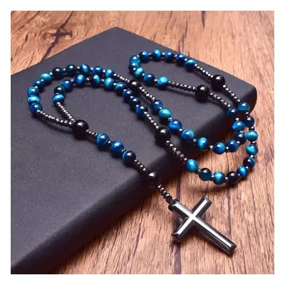 (Blue tiger eye) Light Blue Tiger Eye Onyx Catholi Christ Rosary Bead Long Necklaces For Men Hem