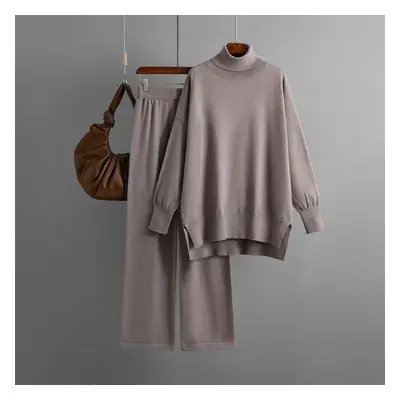 (light coffee, OneSize) Fall Winter Lazy Wind Loose Turtleneck Sweater Suit Women&apos;s Solid C