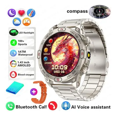 (silver,orange, Steel + silicone) New Outdoor Military Gps Smart Watch Men Amoled Hd Screen Hear