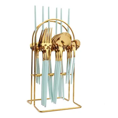 (mint green,gold) 24pcs Mirror Western Cutlery Set With Luxury Cutlery Storage Rack Include Knif