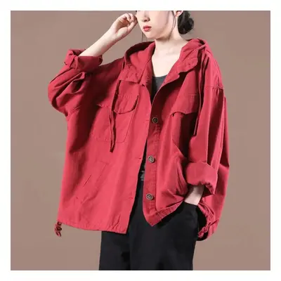 (red, S) Women Jacket Coat Big Size Autumn Winter Vintage Female Outerwear Loose Big Size Long S