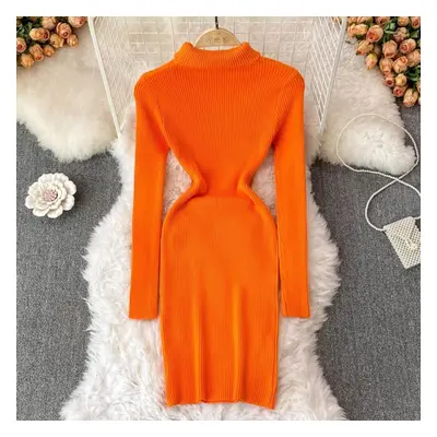 (orange, One Size) New Autumn Winter Women&apos;s Dress Temperament Solid Color Thicken Knit Dre