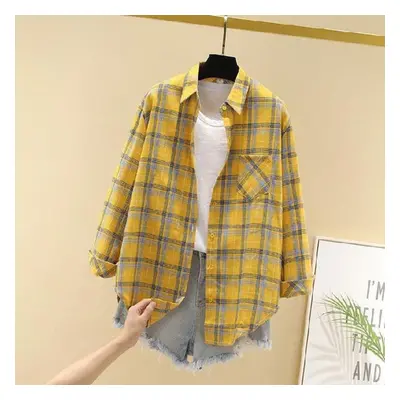 (yellow, M) Women&apos;s Long-sleeve Retro Korean Plaid Shirt â Loose, Spring Style