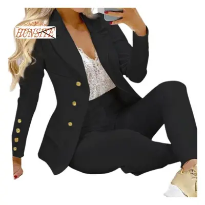 (black, S) Pcs/set Lady Business Suit Turn-down Collar Solid Color High Waist Single-breasted An