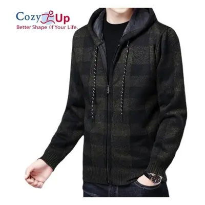 (army green, XXL) Cozy Up Men&apos;s Sweater Coat Autumn Winter Thick Warm Hooded Plaid Wool Swe