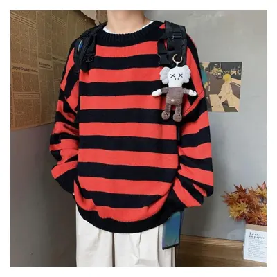 (red,black, 3XL) New Autumn Winter Casual Loose Sweater Pullovers Striped Jumper Warm Sweaters