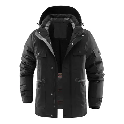 (black, XL) Winter Men&apos;s Medium Long Cotton-padded Coat With Thick Cold Warm Coat