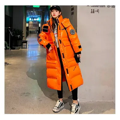 (XXL=UK L, Orange) Women's Shiny Parka Jacket Ladies Hooded Long Puffer Coat Stand Collar Outwea