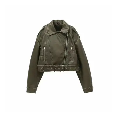 (green JK158, XS) Autumn Women Vintage Loose Pu Faux Leather Short Jacket With Belt Streetwear F