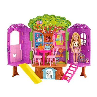 Chelsea Barbie Doll and Treehouse Playset with Pet Puppy, Dollhouse Includes Furniture and Slide