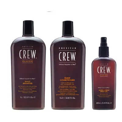 American Crew Daily Moisturizing Shampoo 1000ml, Conditioner 1000ml and Medium Hold Spray Gel 25