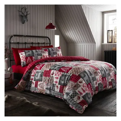 (Polycotton Super King, Red) Christmas Patchwork Red Double Reversible Duvet Cover Bedding Set