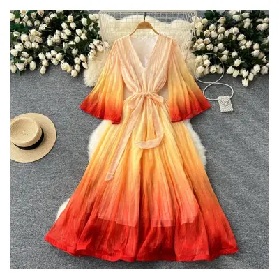 (orange, one size) Luxury Banquet Women&apos;s Dress With Waist Tie Loose V-neck Flare Sleeves G