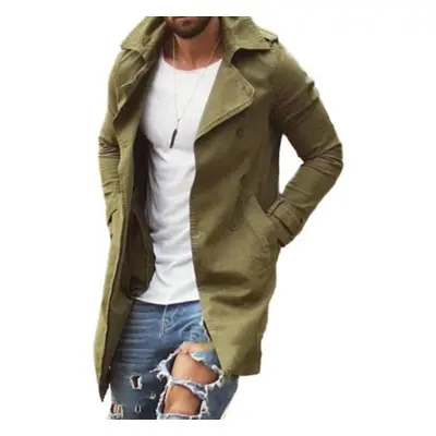 (army green, XL) Men Autumn Coat Solid Color Slim Fit Mid Length Lapel Plus Size Pockets Long Sl