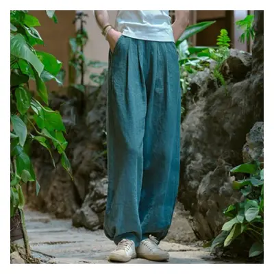 (cg blue, M) Johnature Women Vintage Solid Color Long Pants Linen Elastic Wasit Spring Trouser P