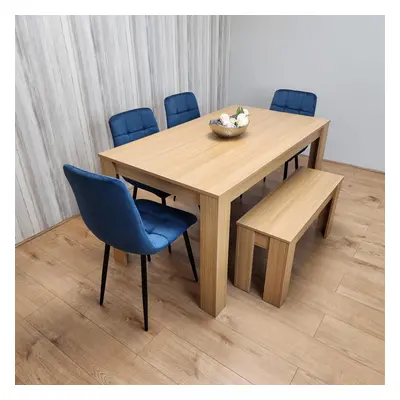 Wooden Dining Table Set for Oak Effect Table With Blue Velvet Chairs and Bench