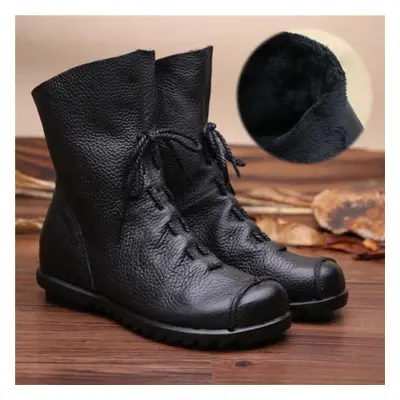 (black, 42) Genuine Leather Women Boots With Fur Soft Cowhide Women&apos;s Winter Shoes Ankle Bo