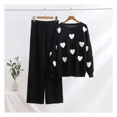 (black, One Size) Vintage Love Two-piece Loose Women Fashion Knitted Sweater Pants Suit Women Au