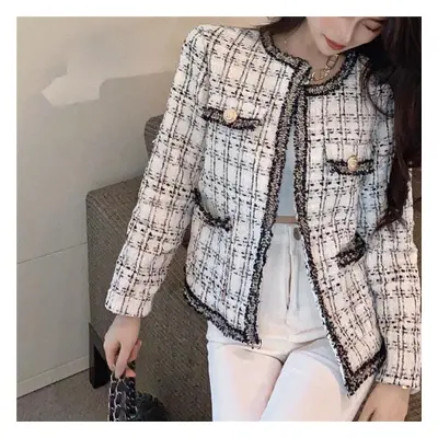 (white, M) Women&apos;s Autumn Vintage Casual Small Fragrance Tweed Jacket Coat