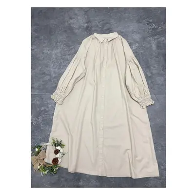 (beige, One Size) Johnature Spring Women Dresses Casual Simple Turn-down Collar Full Sleeve Loos