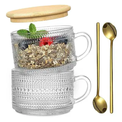 (as the picture, Pcs) 2/4/6pcs Glass Coffee Cups With Bamboo Lids And Spoons Vintage Coffee Mugs