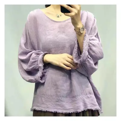 (purple, One Size) Johnature Autumn Vintage Mori Solid Color Tassel Vintage Linen Women Tops Cas