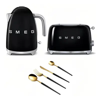 SMEG Kettle and Toaster Bundle with Free Lovii Cutlery Set black&glod